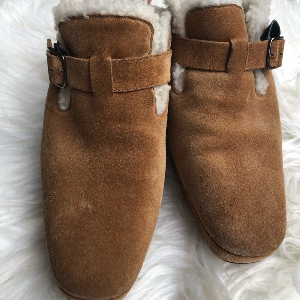 Stuart Weitzman Suede Buckle Fuzzy Platform Heel - image 2